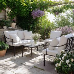 Charming outdoor patio with white furniture and lush greenery