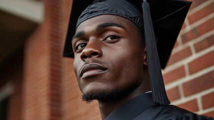 African male young graduate celebrating achievement in cap and gown