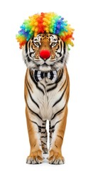 tiger dressed as a clown with a colorful wig, red nose, and bow tie. Humorous and surreal animal portrait on white background