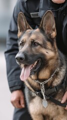Alert german shepherd with handler in training harness outdoors