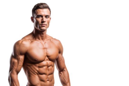 Portrait of a muscular man model showing his abs and muscles, ideal for fitness and bodybuilding themes isolated on transparent background - Powered by Adobe