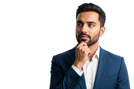 Indian businessman looking up with a serious expression, symbolizing decision-making, confusion, or problem-solving. Isolated on transparent background