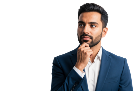 Indian businessman looking up with a serious expression, symbolizing decision-making, confusion, or problem-solving. Isolated on transparent background - Powered by Adobe