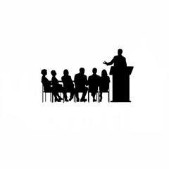 Silhouette of a CEO addressing employees at a company town hall on white background