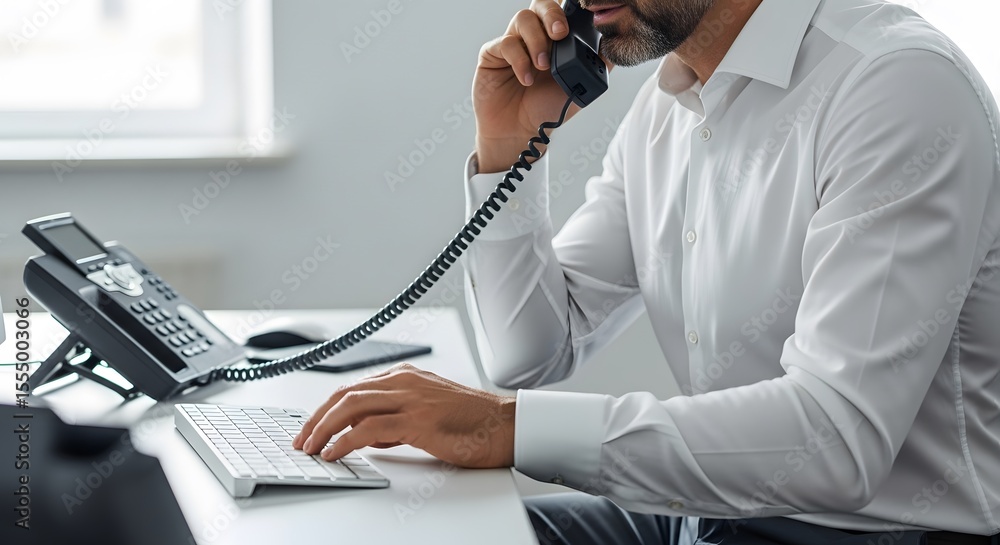 Poster professional man at desk uses telephone while typing on keyboard in bright office showing focus and 