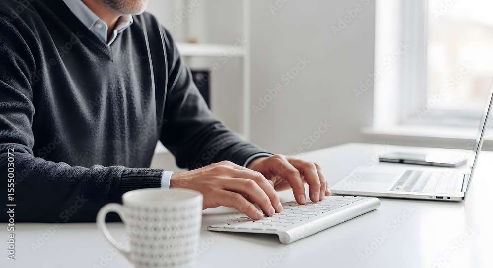 Poster man working at a clean desk with a laptop and coffee, focuses on typing as he works remotely at home