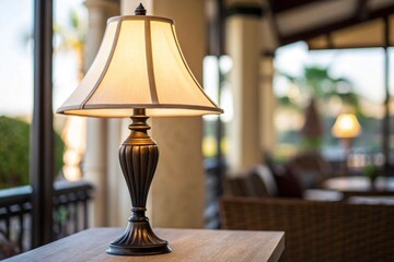 Table lamp with a warm glow on a wooden table in an outdoor setting

