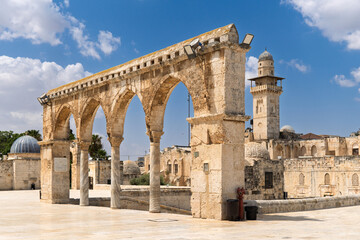 Ancient Stone Arches and Minaret at Temple Mount in Jerusalem, israel