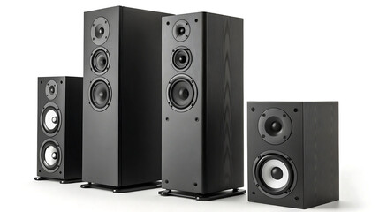 Obraz premium Set of modern black tower and bookshelf speakers on white background, ideal for audio system promotion, music equipment, hi-fi stereo setups, home theater marketing, product showcases