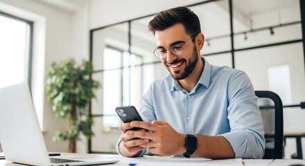 Smiling Man in Glasses Using Smartphone at Desk in Office