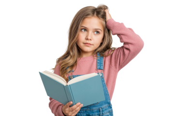 Curious young blonde girl reading a book with a confused expression, hand on head, isolated on transparent background