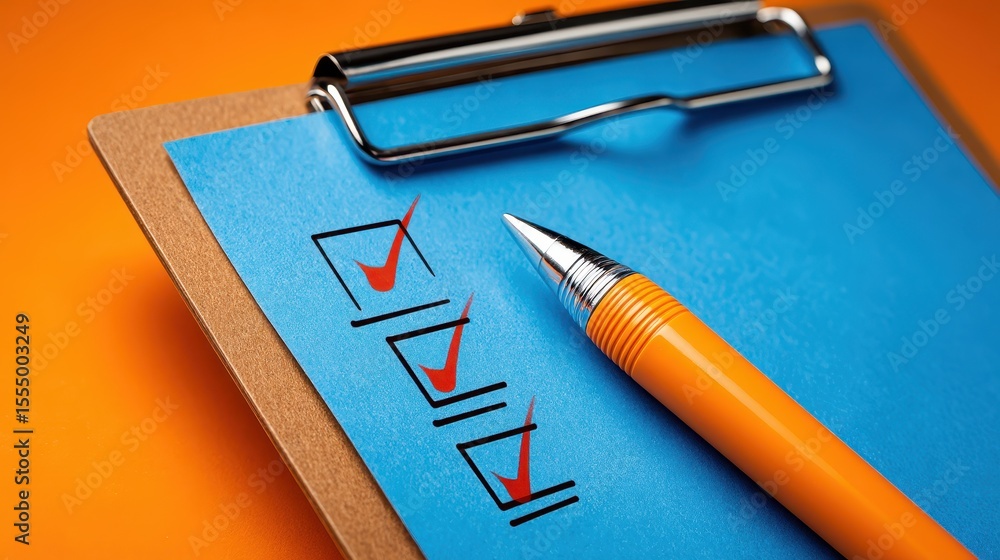 Poster bright orange checklist with checkmarks and pen on clipboard for task management and organization