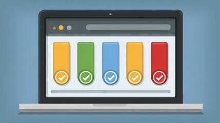 Colorful progress indicators on a laptop screen representing task completion and digital workflow visualizations