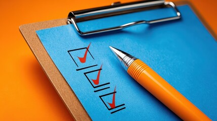 Bright Orange Checklist with Checkmarks and Pen on Clipboard for Task Management and Organization