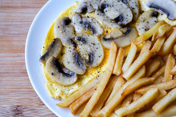 Open Mushroom Omelette With Fried Potato Chips Or Frites