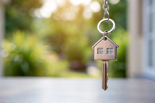 House shaped keychain with silver key hanging outdoors with blurred background

