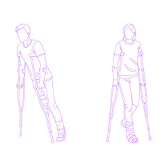 person with crutches lineart outline illustration