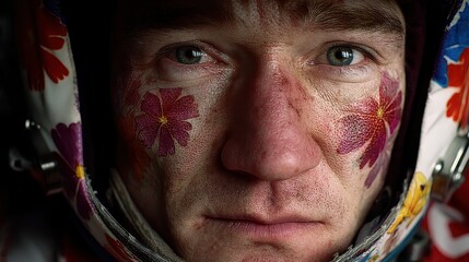 Portrait of Astronaut with Floral Face Art in Space Helmet, Capturing Emotion and Uniqueness in an Out-of-This-World Setting