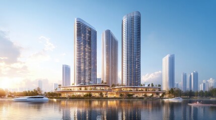 Modern high-rise buildings alongside a calm body of water.