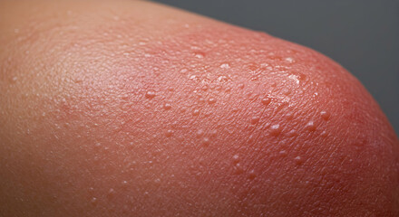Severe Sunburn Red Skin Closeup Hot Summer Heat Rash Sweat Drops