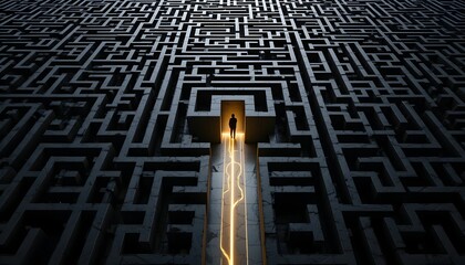 A Golden Thread Through Complexity. An aerial view of a vast, dark labyrinth, where a single glowing line elegantly traces the perfect path to the exit.
