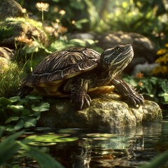 Fototapeta premium Turtle basking on rock by pond, lush greenery
