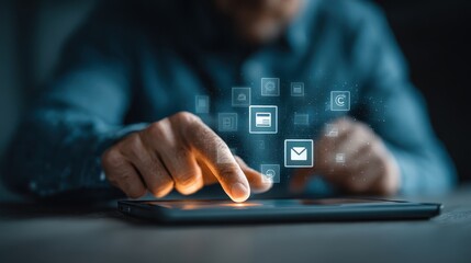 Engaging User Interacting with Digital Tablet Touchscreen Displaying Social Media Icons and Notifications in Close-up View