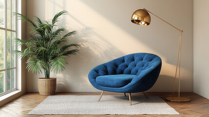 interior design with plush blue chair and gold floor lamp against neutral wall