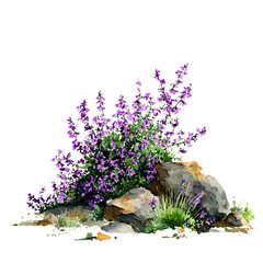 A lone watercolor vivid spring mountain thyme with purple flowers