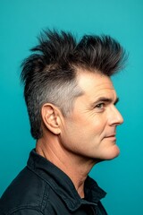 Fototapeta premium A modern and graceful man smiling naturally. Concept art of style for aging men. Blue solid background. Elegant men's colored spike haircut - midlife white man with black hair.