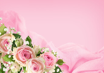 Pink draped fabric and rose flowers or transparent background