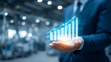 A businessman in a blue suit holds a glowing chart, symbolizing growth and success in business.