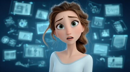 Concerned animated character surrounded by digital media images with expression of worry and uncertainty