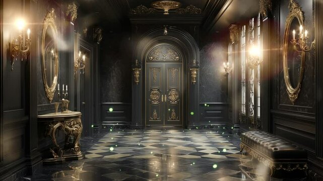 Dark luxury, black and gold baroque interior design palace entrance hall loop animation background 