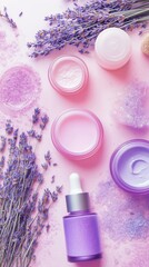  Pastel Pink and Purple Skincare Products Flatlay with Lavender