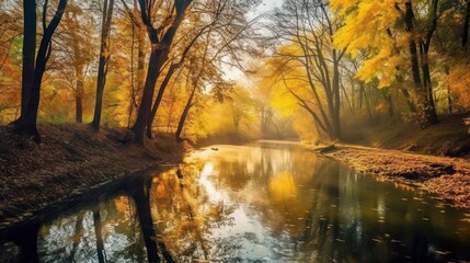 Obraz premium Golden River's Embrace, A Serene Autumnal Reflection in the Water , Autumn's Golden Embrace: A Reflective Journey Down a Sun-Kissed Stream