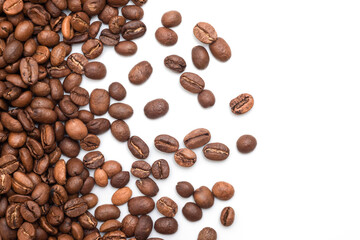Roasted coffee beans on white, top view