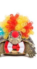 turtle dressed as a clown with a colorful wig, red nose, and bow tie. Humorous and surreal animal portrait on white background