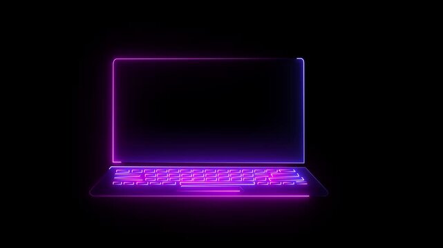 Neon laptop line icon. Glowing neon line Computer network icon glowing logotype animation. icon of an open neon glowing laptop on black background. Computer notebook with empty screen sign 4k video.