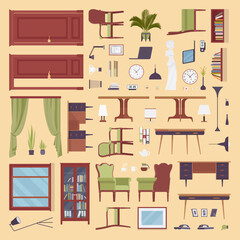 Furniture items and decor for office room home objects pack. Creative boss work zone, functional selection of stylish sofa, chairs, range of designs to suit. Vector illustration on yellow background