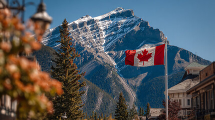 Canadian flag waving in front of a snow capped mountain on a sunny day outdoors