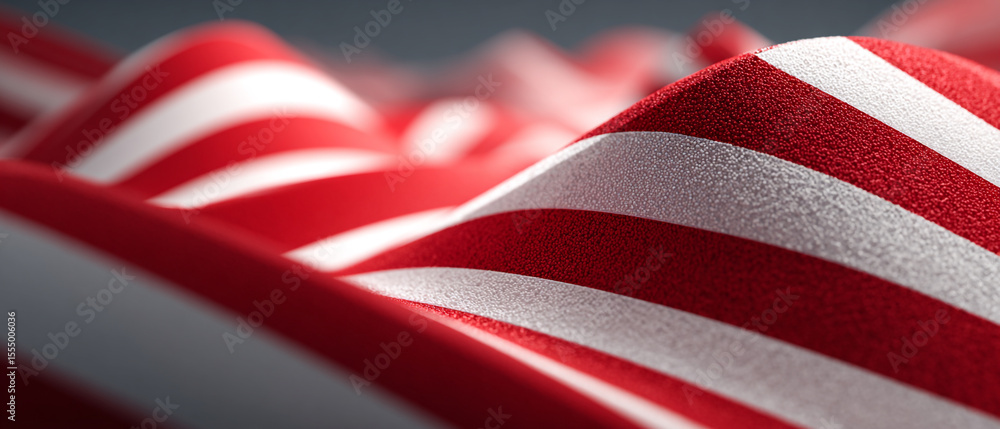 Poster abstract view of wavy red and white striped fabric with a textured surface