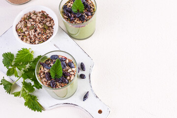 Healthy eating, lifestyle, veganism, alkaline diet, vegetarian concept. Green smoothies from nettle...