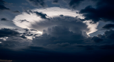 Obraz premium Dramatic and immense storm clouds gather across the dark sky, backlit by a powerful, ethereal glow, showcasing nature's raw atmospheric power and majestic, almost celestial, beauty