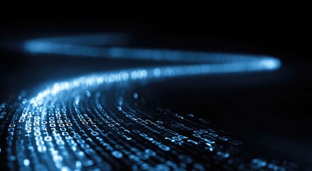 Blue glowing binary code road on black background, elegant curved data path, futuristic digital illustration.