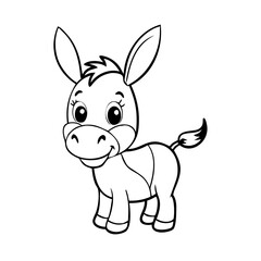 Cute cartoon donkey with big eyes and a friendly smile in black and white