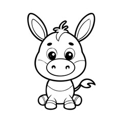 Cute cartoon donkey sitting with big eyes and long ears isolated on white
