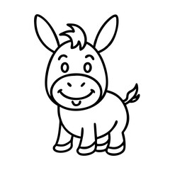 Cute cartoon donkey with big ears and a happy smile in black and white