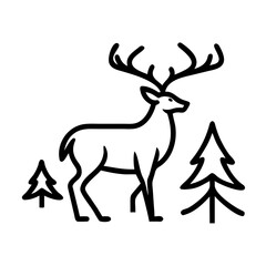 Stylized black and white outline illustration of a majestic deer with large antlers standing in a forest with pine trees