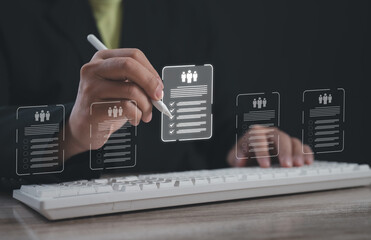 Person reviewing digital candidate checklist with stylus on virtual interface, representing smart recruitment, task review, employee evaluation, and data-driven selection in HR systems.
